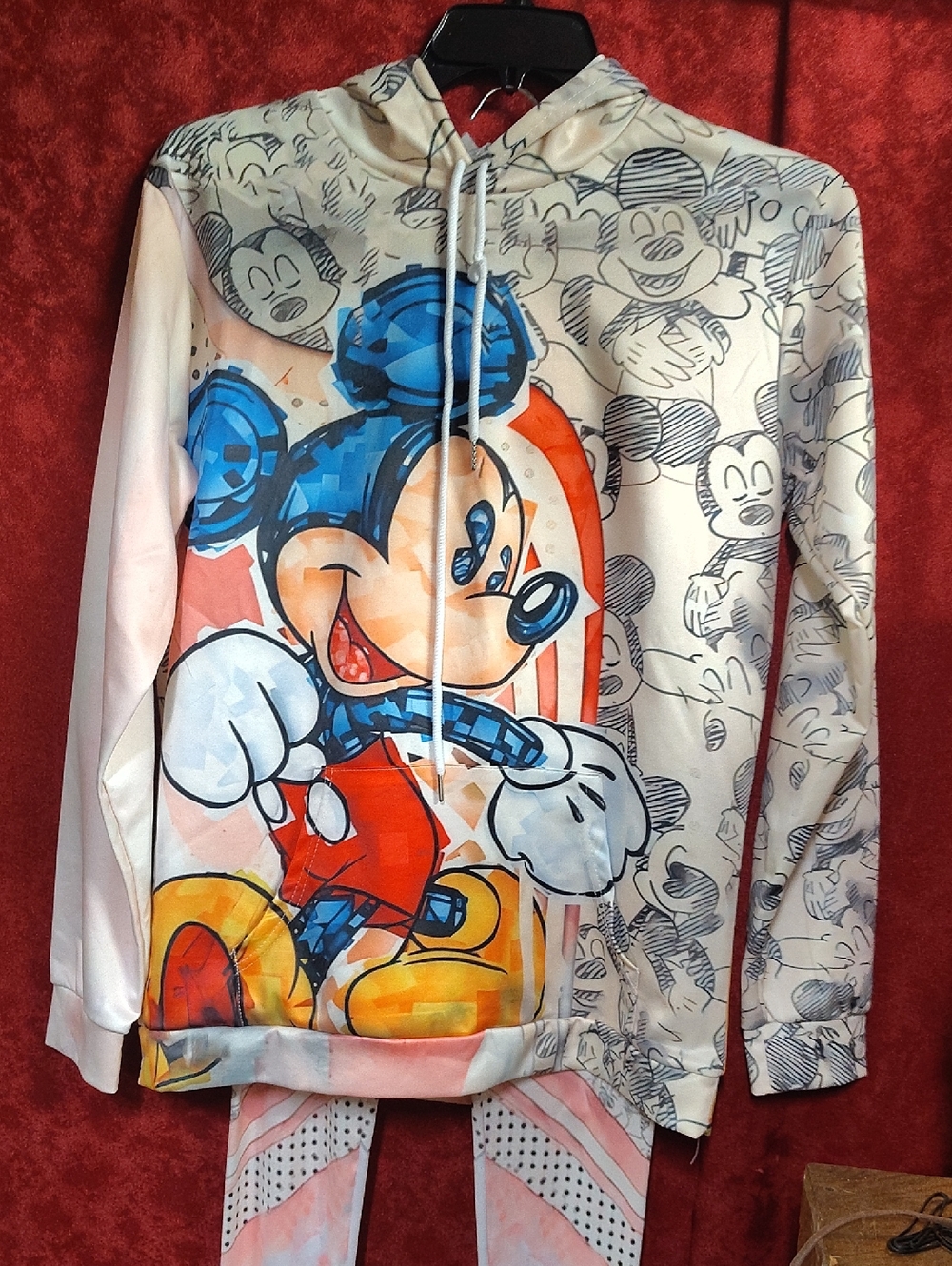 Women's Cream Hoodie with Blue & Red Cartoon Character Print Pants